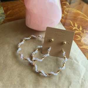 BOGO Gold Pearl Twisted Spiral Large Hoops Wavy Chevron Earrings & Gold Stud SET